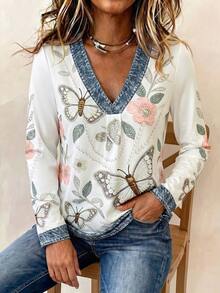 EMERY ROSE White 3D Pearl Butterfly Embroidered Denim Effect V-Neck Long Sleeve T-Shirt, Loose Fit Fashion Design Pretty Top For Women - Multicolor - View 4