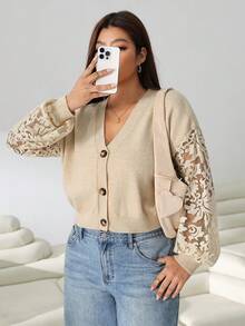 Solflare Plus Size Women's Autumn/Winter Khaki Long Sleeve Lace Patchwork Cardigan - Khaki - View 7