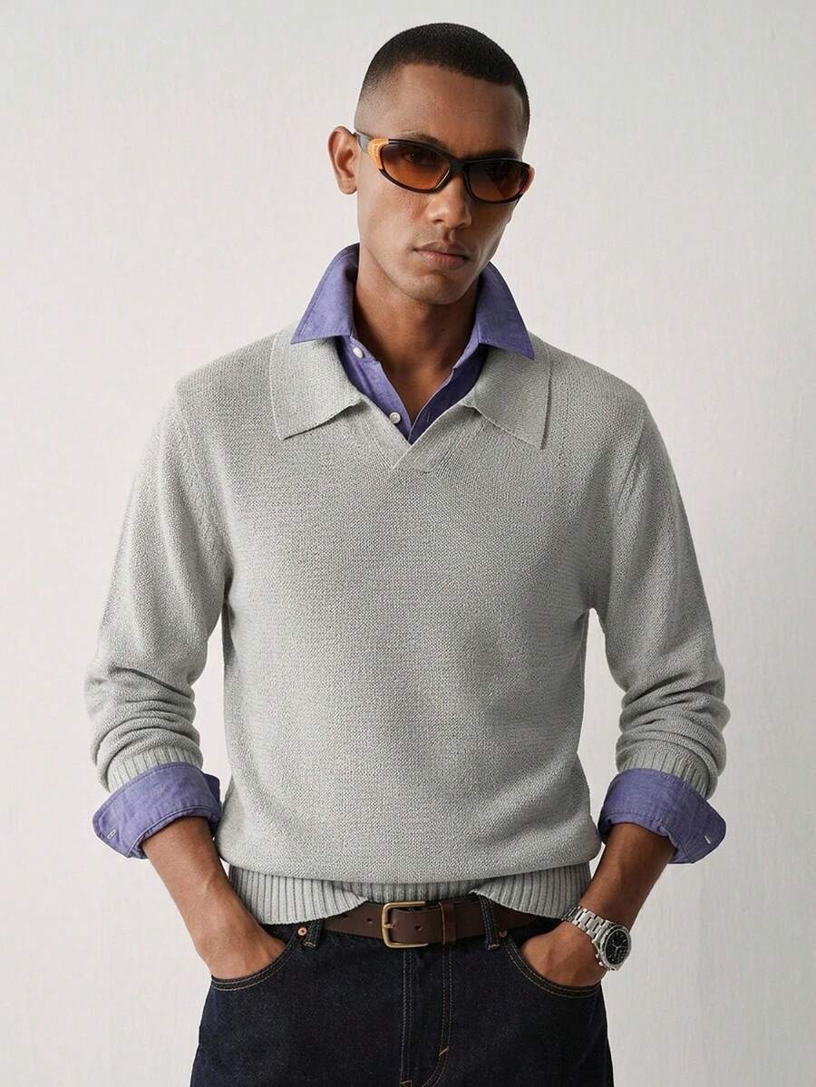 Manfinity CityGents 男士素色翻領長袖休閒通勤針織衫 - 灰色 - 查看 1