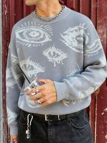Manfinity EMRG Sweater Kasual Longgar Lengan Panjang Kerah Bulat Motif Mata untuk Pria - Light Grey - View 1