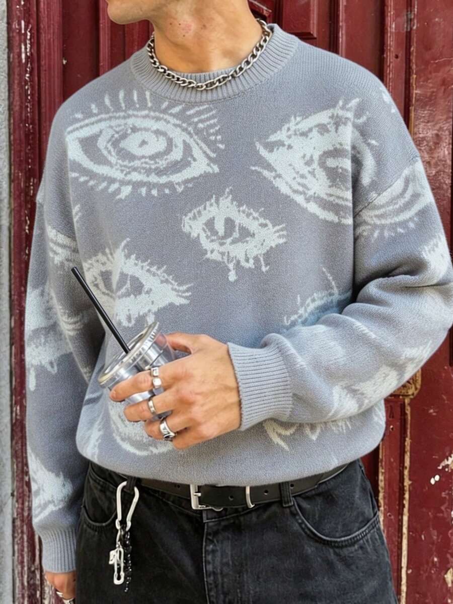 Manfinity EMRG Sweater Kasual Longgar Lengan Panjang Kerah Bulat Motif Mata untuk Pria - Light Grey - View 1