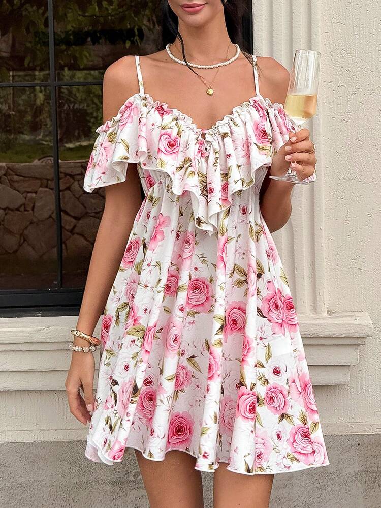 Cévolie French Romantic Elegant Pink Rose Print Ruffle Off-Shoulder Spaghetti Strap Cinched Waist A-Line Short Dress - Pink - View 4