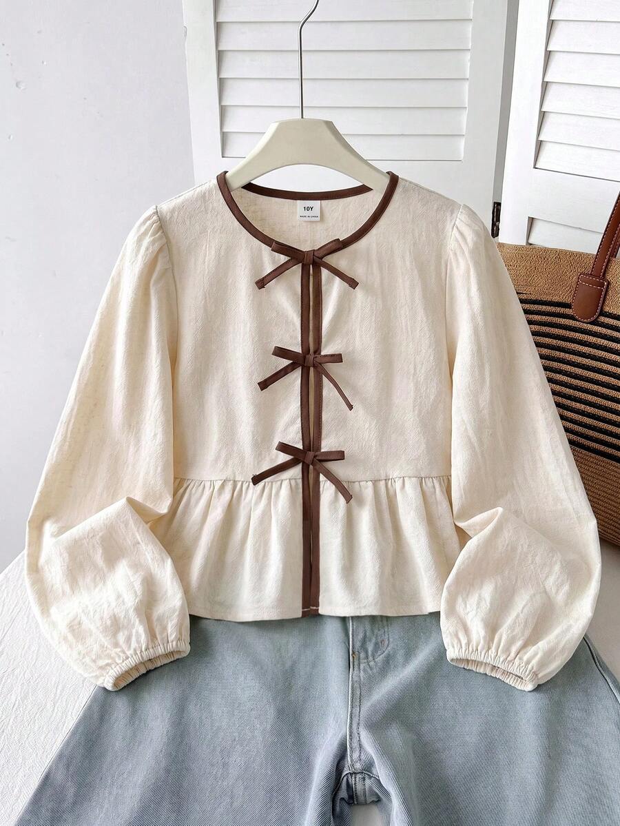 SHEIN 青少年女孩休閒碎花圓領長袖前綁帶襯衫(紋理面料)-- 返校必備,碎花泡泡袖上衣 - 杏色 - 查看 1