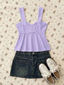 SHEIN Teen Girls Knit Textured Ruched Bust Casual Fitted Camisole Tank Top - Purple - View 3