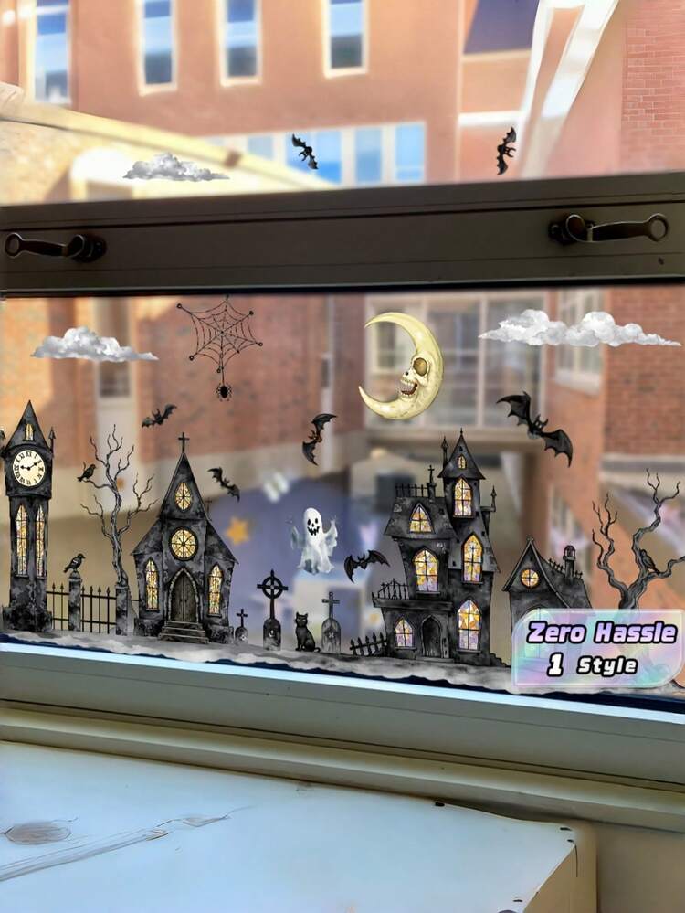 1 Set 2 Sheets Halloween Watercolor Ghost Static Window Clings, Haunted House & Ghost Moon Pattern, Reusable Removable No-Residue Static Stickers, Double-Sided Visible Glass Decals For Halloween Party Decor - Multicolor - View 1