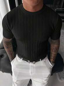 RONVEXI Men's Casual Basic Solid Color Short Sleeve Ribbed Knit Top, Summer Office Work Black - Multicolor - View 2