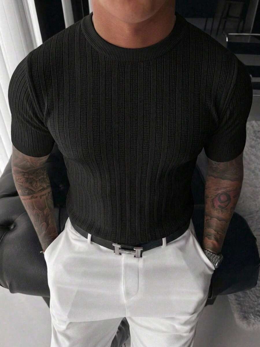 RONVEXI Men's Casual Basic Solid Color Short Sleeve Ribbed Knit Top, Summer Office Work Black - Multicolor - View 1