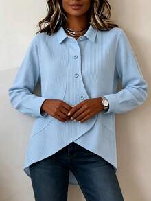 SHEIN LUNE Solid Color Waffle Knit Diagonal Stripe Wooden Button Lapel Long Sleeve Asymmetrical Hem Shirt, Loose Casual Pocket Cardigan Top, Versatile Slimming Blouse For Daily Commute And Travel In Spring And Autumn - Blue - View 3