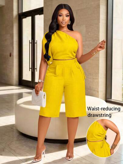 Brilight Elegant Spring/Summer Women's Commute And Casual Wear: Two Pieces Set Of Adjustable Pleated Off-Shoulder Top And Capri Pants. Suitable For Everyday Wear, Commuting, Office, Vacation, Music Festivals, And Comfortable Lounging At Home. Summer Set, Women's Casual Two Pieces Set.