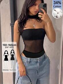 SHEIN PETITE 女款網紗拼接掛脖性感透視約會外出連身衣，適合嬌小女性 - 黑色 - 查看 5