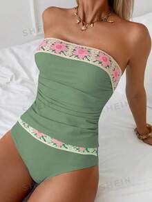Breezaya Fashion Solid Color Mature Lace Trim Ruched Spaghetti Strap Women's Summer Tank Top & Bikini 2-Piece Set - Green - View 3