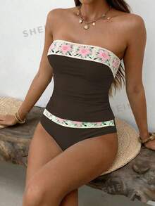 SHEIN Swim 時尚純色成熟風蕾絲飾邊抓皺細肩帶女款夏季背心比基尼兩件套 - 棕色 - 查看 1