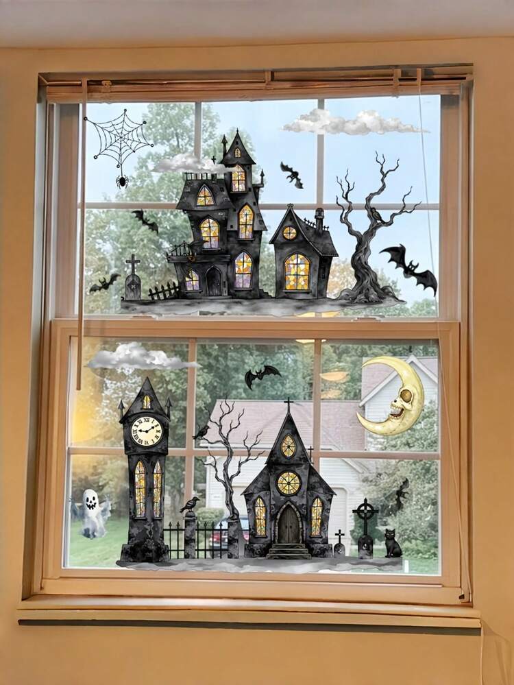 1 Set 2 Sheets Halloween Watercolor Ghost Static Window Clings, Haunted House & Ghost Moon Pattern, Reusable Removable No-Residue Static Stickers, Double-Sided Visible Glass Decals For Halloween Party Decor - Multicolor - View 5