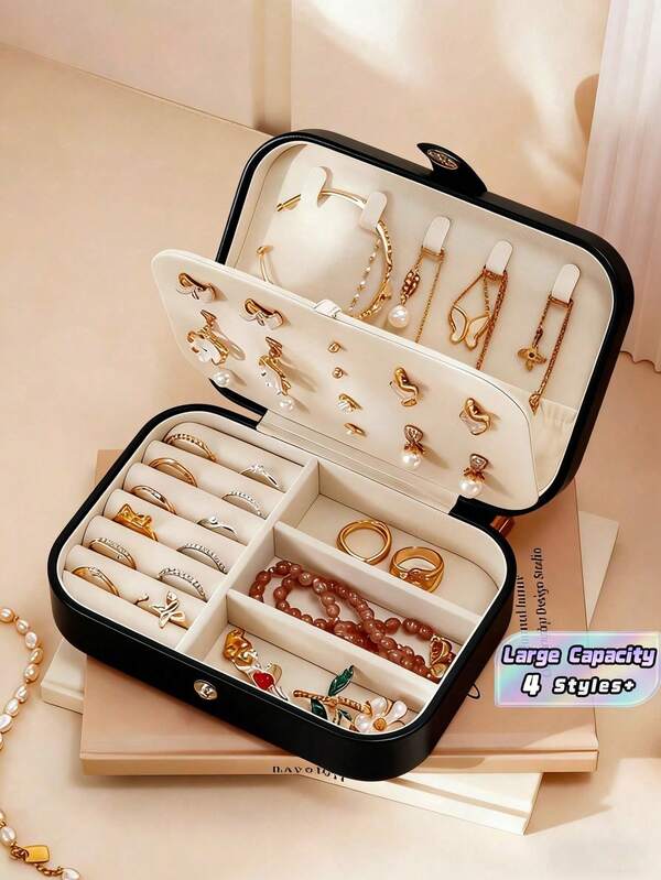 1PC Portable Travel Mini Jewelry Box Zipper Case Multifunctional Double Layer Ring Display Organizer Waterproof Polyester Large Capacity For Earrings Necklace Rings Watch Bracelet Cosmetics Gift Home Travel Accessories