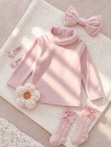 SHEIN 3件組幼兒女嬰高領上衣套裝，可愛粉白配色，抓絨內裡，蝴蝶結蕾絲長袖，加厚羅紋，適合聖誕派對、冬季與秋季 - 粉色 - 查看 4