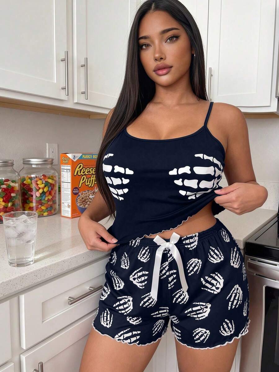 ZzzCrew Women's Slim Fit Camisole & Shorts Skull Print Plus Size Pajama Set - Navy Blue - View 1