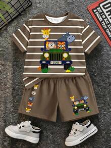 SHEIN LMoss Kids 男嬰休閒極簡風T恤套裝，適合夏季，經典可愛條紋、動物遊行、小車卡通印花 - 彩色 - 查看 2