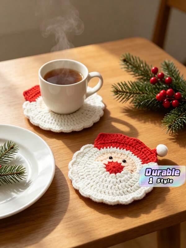 2Pcs Handmade Crochet Santa Claus Coasters, Christmas Decorative Drink Coasters, Heat Resistant Cup Mat, Bowl & Pot Holder, Festive Table Decoration For Home Party