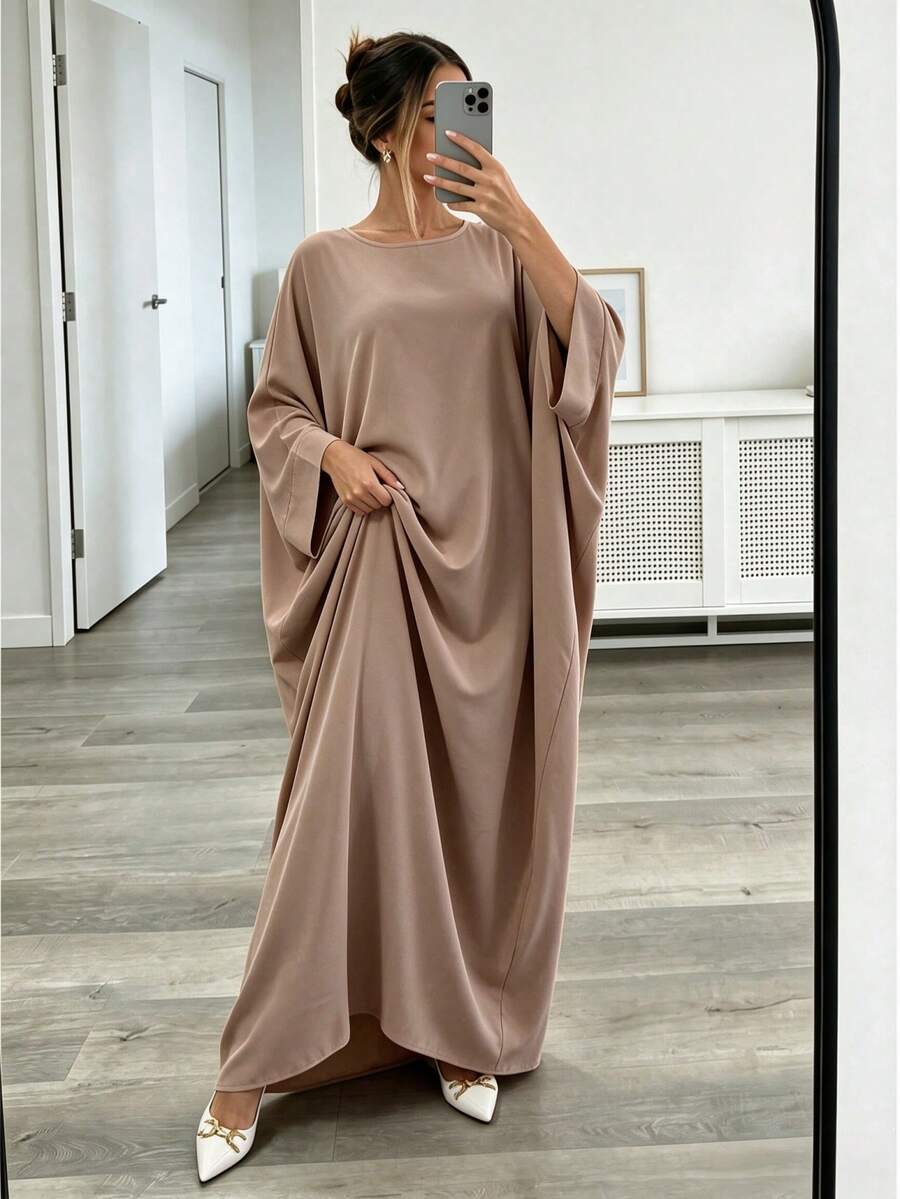 Al Najma Solid Simple Batwing Sleeve Abaya, Loose Oversized Maxi Kaftan Dress, Casual Modest Islamic Women Long Robe For Daily Wear - Khaki - View 1