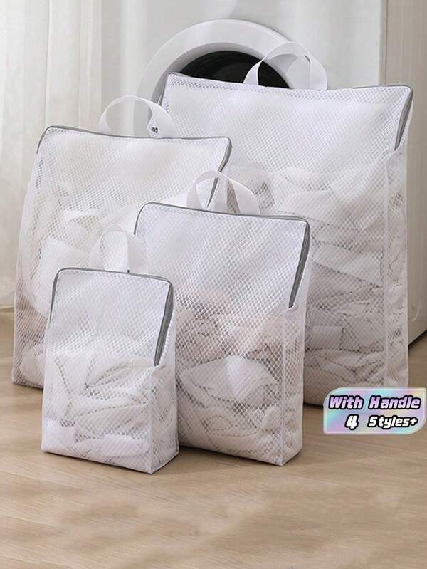 1 pieza Bolsa de lavandería blanca con asa, malla de panal 3D, malla fina y gruesa, bolsa de lavandería especializada para lavar ropa en una lavadora. Bolsa de lavandería.