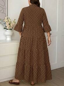 SHEIN LUNE Plus Size Women V-Neck Allover Print Ruched Casual Party Dress Fall - Brown - View 3
