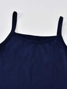 SHEIN 青少年女孩日常通勤溫柔清新優雅春/夏櫻花粉輕量襯衫 + 百搭百搭細肩帶背心 + 純色直筒寬腿褲 3件套 - 藏蓝色 - 查看 6