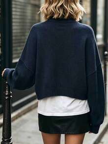 Celisse Women's Solid Color Simple Casual Crew Neck Long Sleeve White Sweater - Navy Blue - View 2