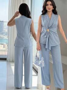 Feyla Fashionable Women's Sleeveless Blouse With Waist Detail And Matching Straight Leg Pants Suit - Blue - View 6