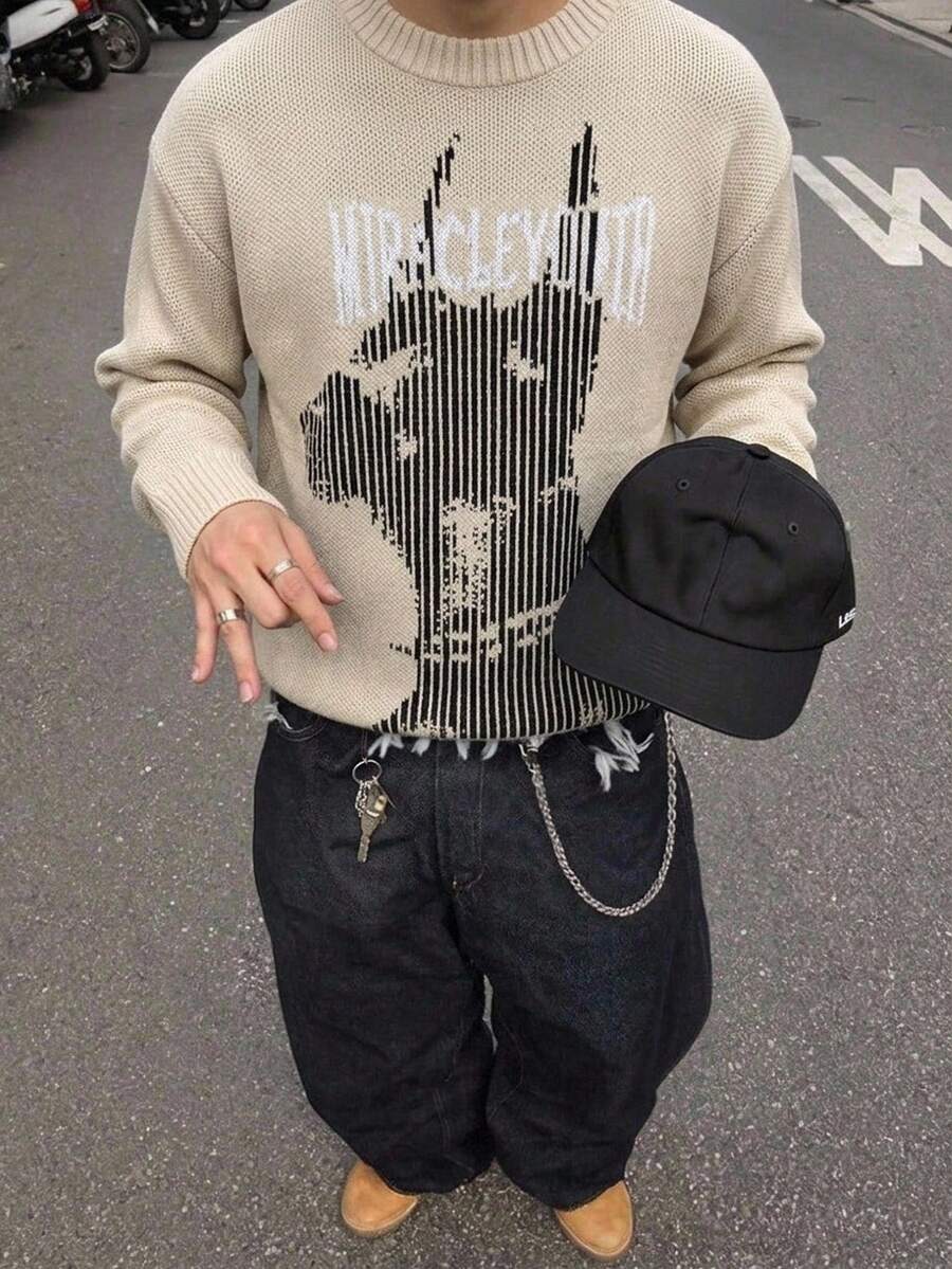 Manfinity ZONE917 秋冬新款個性化袖口拉鍊緹花狗狗圖案男士長袖套頭毛衣 - 杏色 - 查看 1
