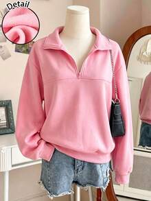 SHEIN 青少年女孩淺粉色抓絨內裡半拉鍊前開襟休閒寬鬆衛衣 - 粉色 - 查看 1