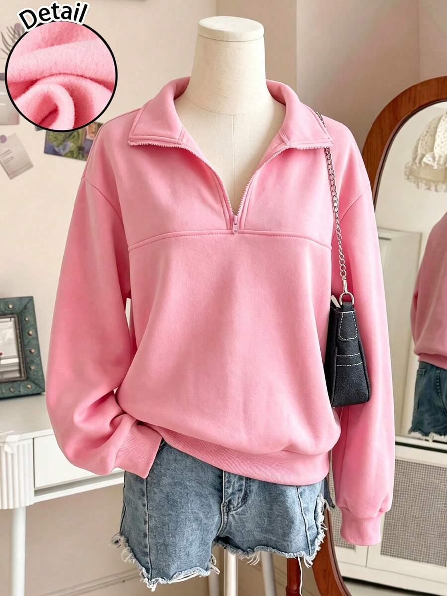 SHEIN 青少年女孩淺粉色抓絨內裡半拉鍊前開襟休閒寬鬆衛衣 - 粉色 - 查看 1