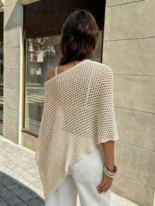SHEIN Holidaya Solid Color Asymmetric Hem Hollow See-Through Pullover Sweater - Apricot - View 3