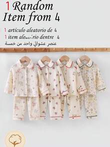 SHEIN Baby Girls' Random 1 Set Pajama Set, Featuring Classic Collar Design, Contrast Trim, And Playful Prints Like Floral, Bear, Bow, Strawberry, Rabbit, Surprise Blind Box Random Assortment - Multicolor - View 7
