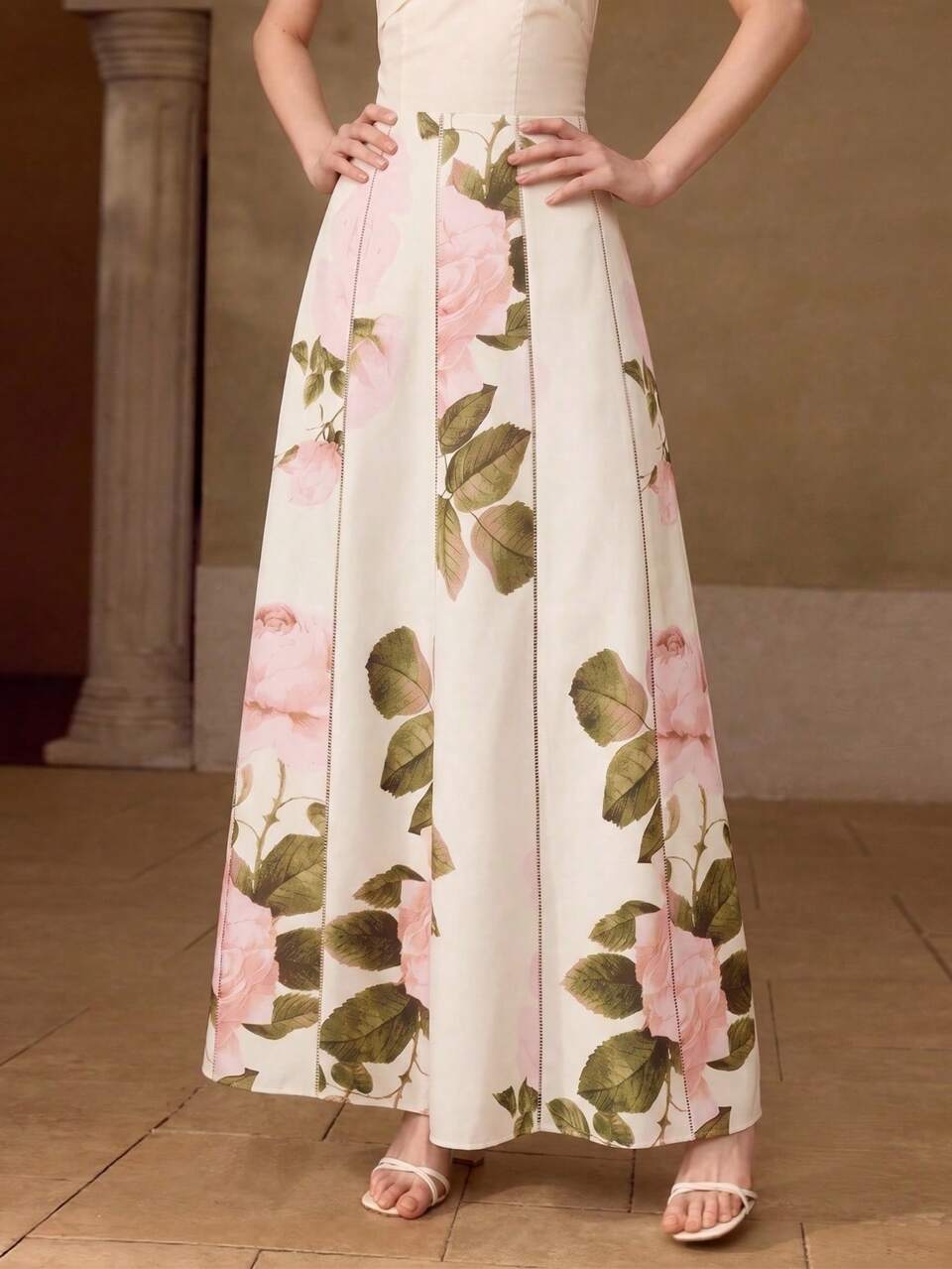 Anewsta Women's New Urban Elegant Vacation Style Vintage Romantic Rose Print Lace Patchwork High Waist A-Line Long Skirt