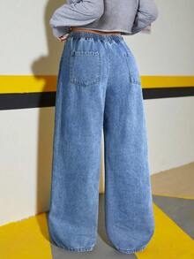 Teens Girls Elastic Waist Drawstring Loose Straight Leg Jeans - Medium Wash - View 2