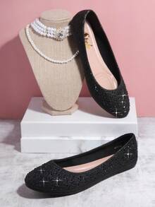 SHUZIA Rhinestone Detail Slip On Ballet Flats Summer Shoes Spring Shoes Spring Break Easter Mother's Day Present For Christmas Valentine's Day - Black - View 4