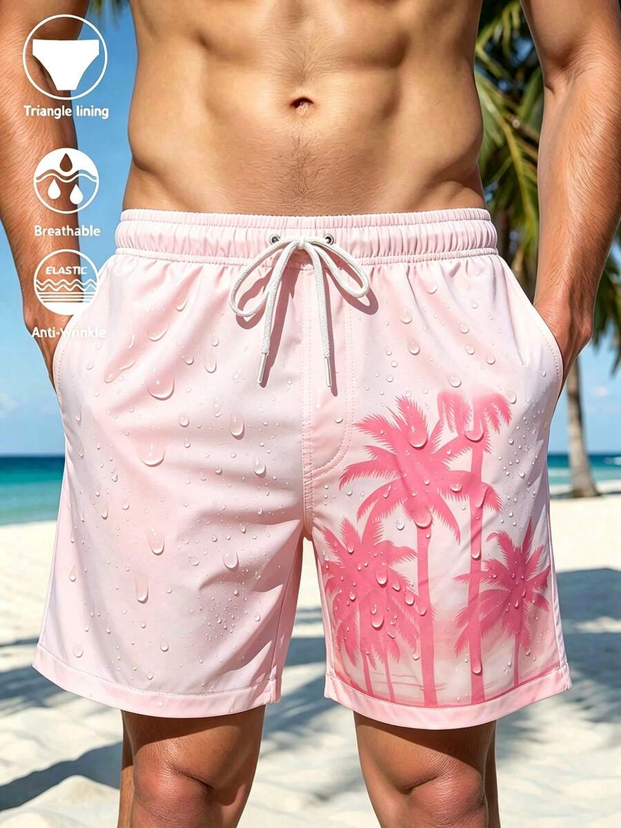 Manfinity Swimmode 男士抽繩腰椰子樹印花休閒粉色沙灘短褲,夏季度假泳褲洗澡褲,夏威夷熱帶度假風 - 淺粉色 - 查看 1