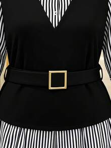 GlowEve CURVE Plus Size Women's Striped 2 In 1 Patchwork Casual Versatile Daily Outing Shirt Fall - Black and White - View 3