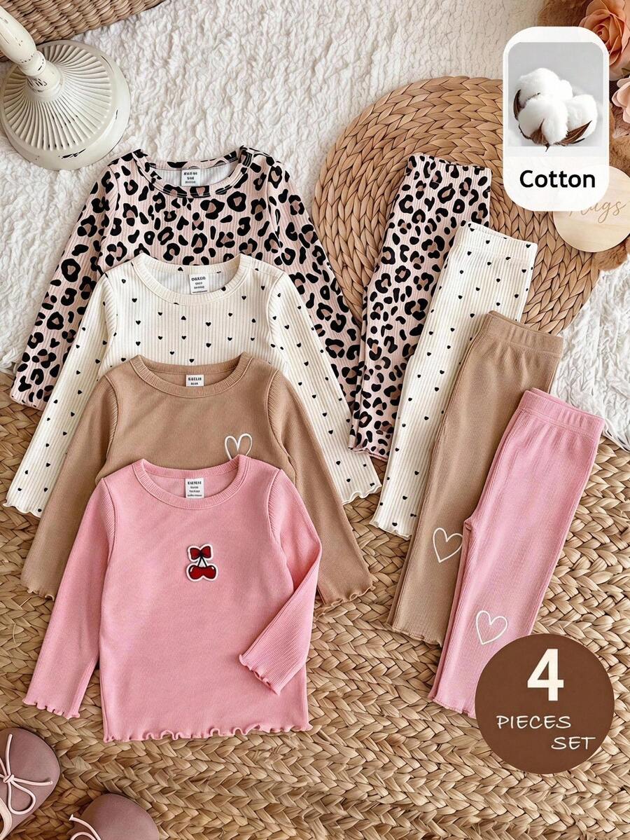 SHEIN Baby Girl Cute Print Knitted Soft Crew Neck Long Sleeve Pullover Top 4pcs -Piece Set - Multicolor - View 1