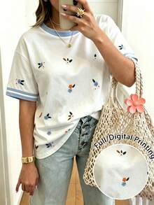 EMERY ROSE Women's Contrast Color Trim Short Sleeve Casual Crew Neck T-Shirt, Versatile For Summer - Multicolor - View 1
