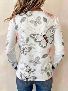 EMERY ROSE White 3D Pearl Butterfly Embroidered Denim Effect V-Neck Long Sleeve T-Shirt, Loose Fit Fashion Design Pretty Top For Women - Multicolor - View 2