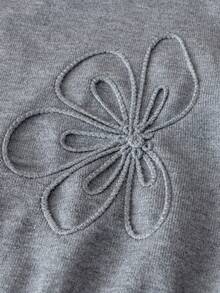 SHEIN 4-7歲女童灰色3D手工刺繡大花圓領針織毛衣與百褶裙兩件套，柔軟簡約校園穿搭，適合校園、外出、生日、拍照，春秋冬季穿著 - 灰色 - 查看 5