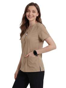TaskEZ Earth Tone Short Sleeve Sweetheart Neck Zipper Multi-Pocket Convenient Comfortable Scrub Uniform Top - Camel - View 5