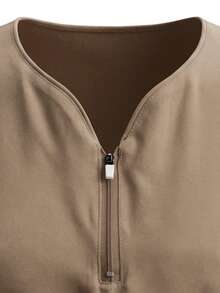 TaskEZ Earth Tone Short Sleeve Sweetheart Neck Zipper Multi-Pocket Convenient Comfortable Scrub Uniform Top - Camel - View 8