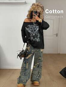 Coolane 女款冬季哥德風 Grunge Y2K 時尚愛神圖案舒適不對稱領口露肩 34%棉黑色長袖T恤 - 黑色 - 查看 2