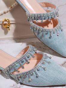 SHUZIA Women Rhinestone Decorated Pointed Toe Flat Mules For Daily Wear Summer Shoes Spring Shoes Spring Break Easter Mother's Day Present For Christmas Valentine's Day - Blue - View 6