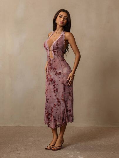 HautHeat Women's Plant Flocked Hollow Design Contrast Lace Sexy Halter Neck Nightgown