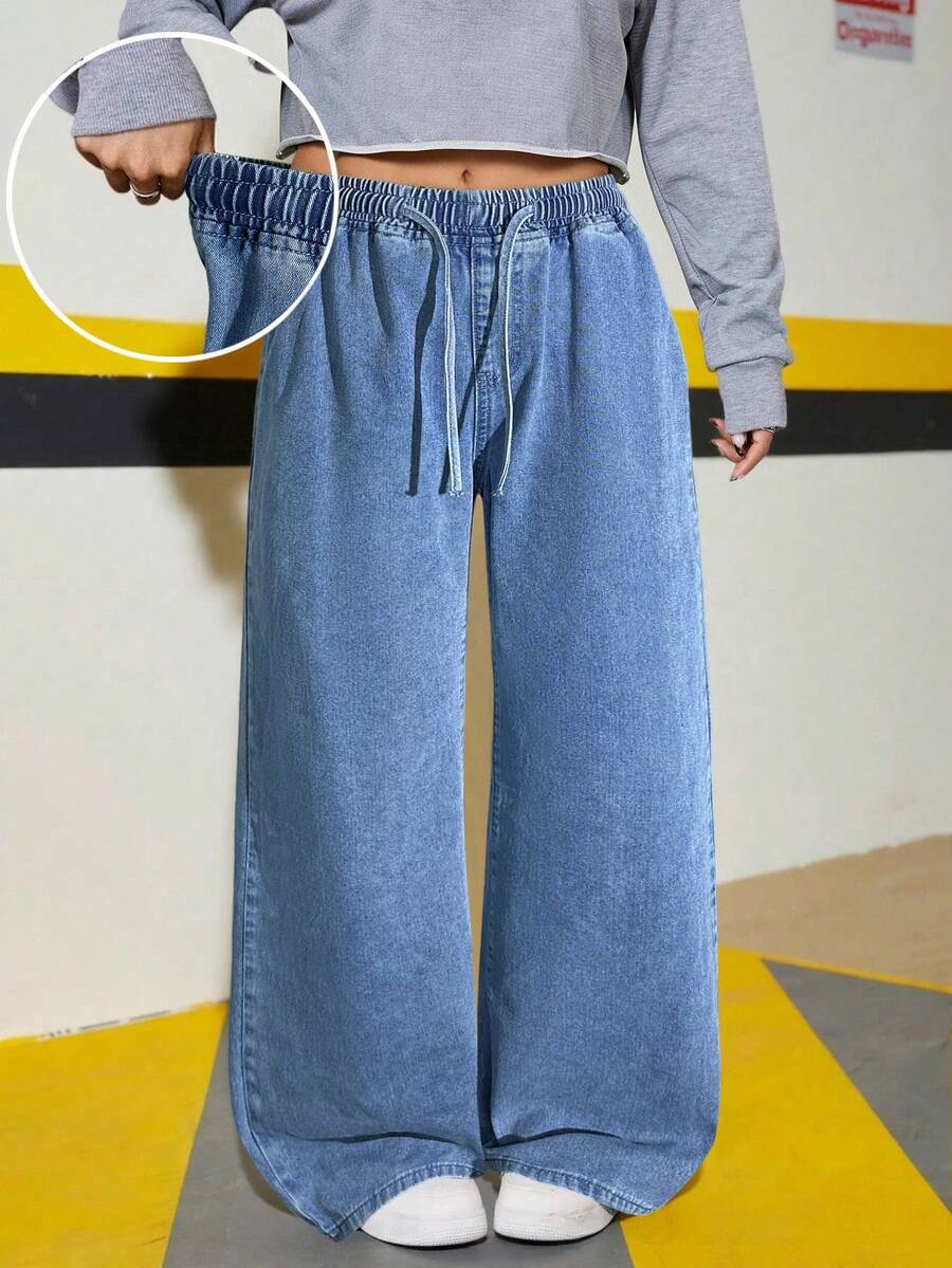 Teens Girls Elastic Waist Drawstring Loose Straight Leg Jeans - Medium Wash - View 1