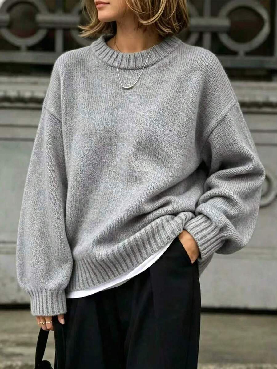 SHEIN LUNE Women's Solid Color Simple Casual Crew Neck Long Sleeve White Sweater - Grey - View 1
