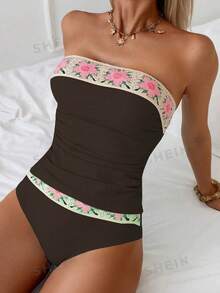 SHEIN Swim 時尚純色成熟風蕾絲飾邊抓皺細肩帶女款夏季背心比基尼兩件套 - 棕色 - 查看 4
